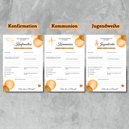 Gästebuchkarten orange für die Konfirmation, Kommunion oder Jugendweihe als Andenken / Erinnerungen - A5 - MundS Design Shop