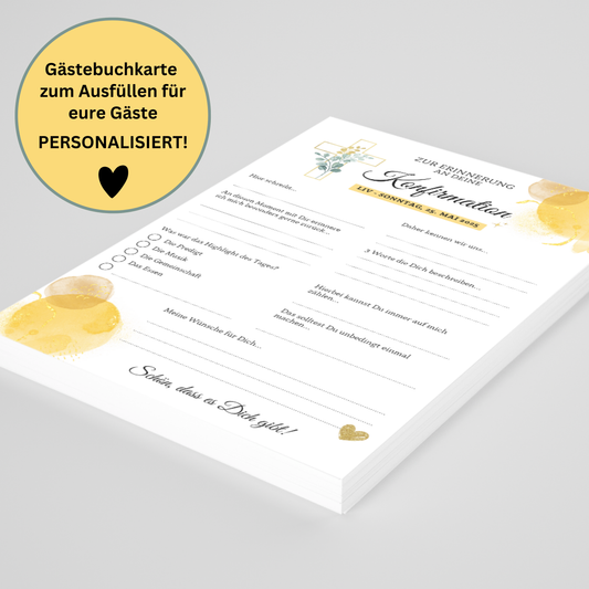 Gästebuchkarten gold/gelb für die Konfirmation, Kommunion oder Jugendweihe als Andenken / Erinnerungen - A5 - MundS Design Shop