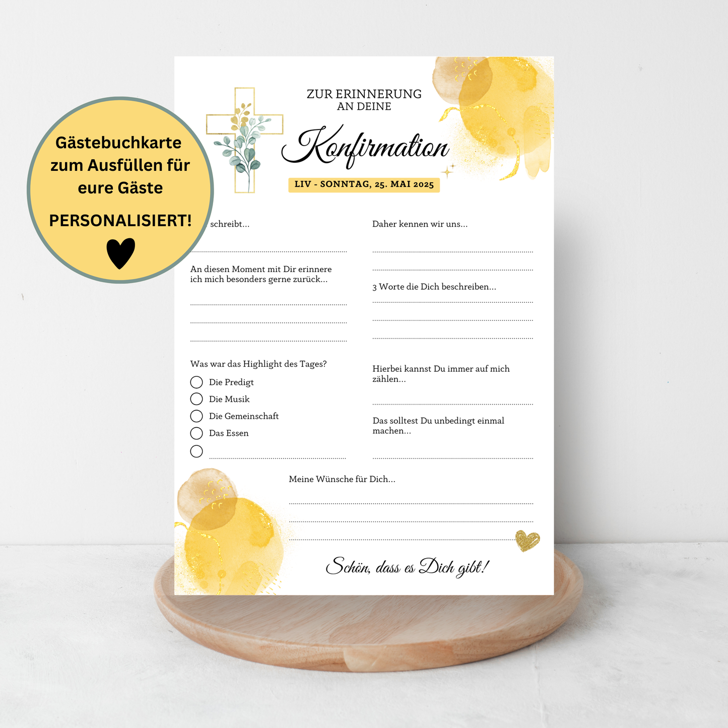 Gästebuchkarten gold/gelb für die Konfirmation, Kommunion oder Jugendweihe als Andenken / Erinnerungen - A5 - MundS Design Shop
