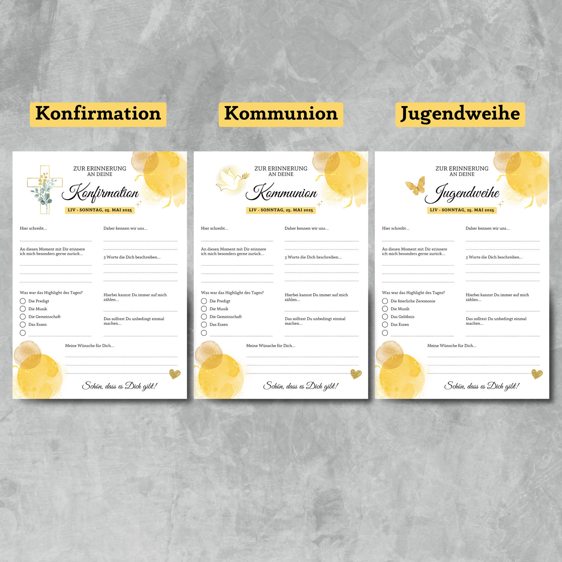Gästebuchkarten gold/gelb für die Konfirmation, Kommunion oder Jugendweihe als Andenken / Erinnerungen - A5 - MundS Design Shop