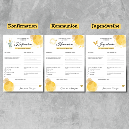 Gästebuchkarten gold/gelb für die Konfirmation, Kommunion oder Jugendweihe als Andenken / Erinnerungen - A5 - MundS Design Shop