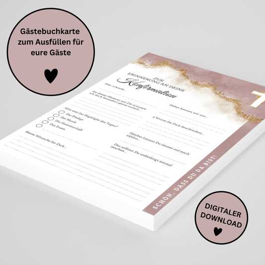 Sofortdownload: Gästebuchkarten Altrosa für die Konfirmation, Kommunion oder Jugendweihe als Andenken / Erinnerungen - A5 - MundS Design Shop