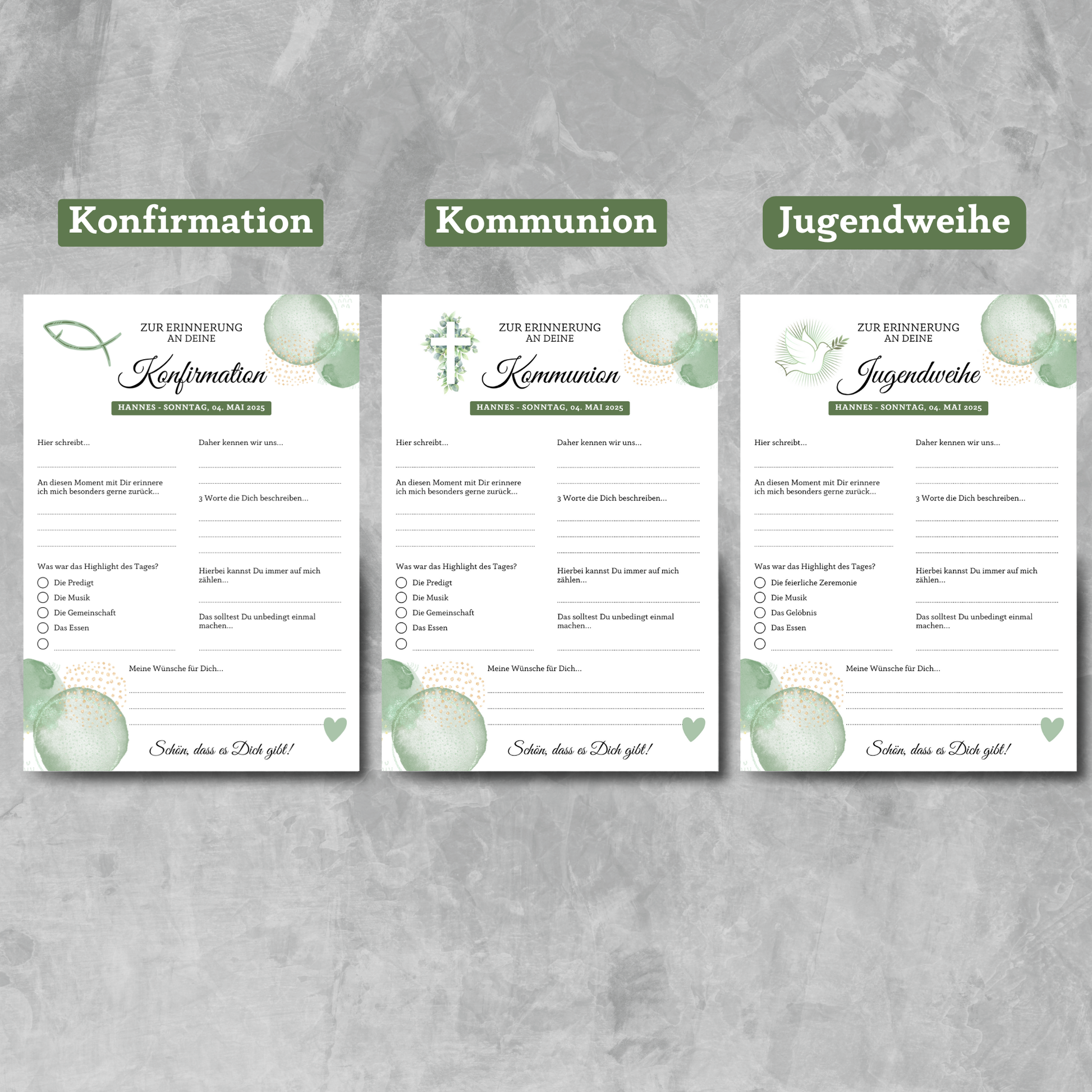 Gästebuchkarten grün 2 für die Konfirmation, Kommunion oder Jugendweihe als Andenken / Erinnerungen - A5 - MundS Design Shop