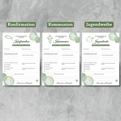 Gästebuchkarten grün 2 für die Konfirmation, Kommunion oder Jugendweihe als Andenken / Erinnerungen - A5 - MundS Design Shop