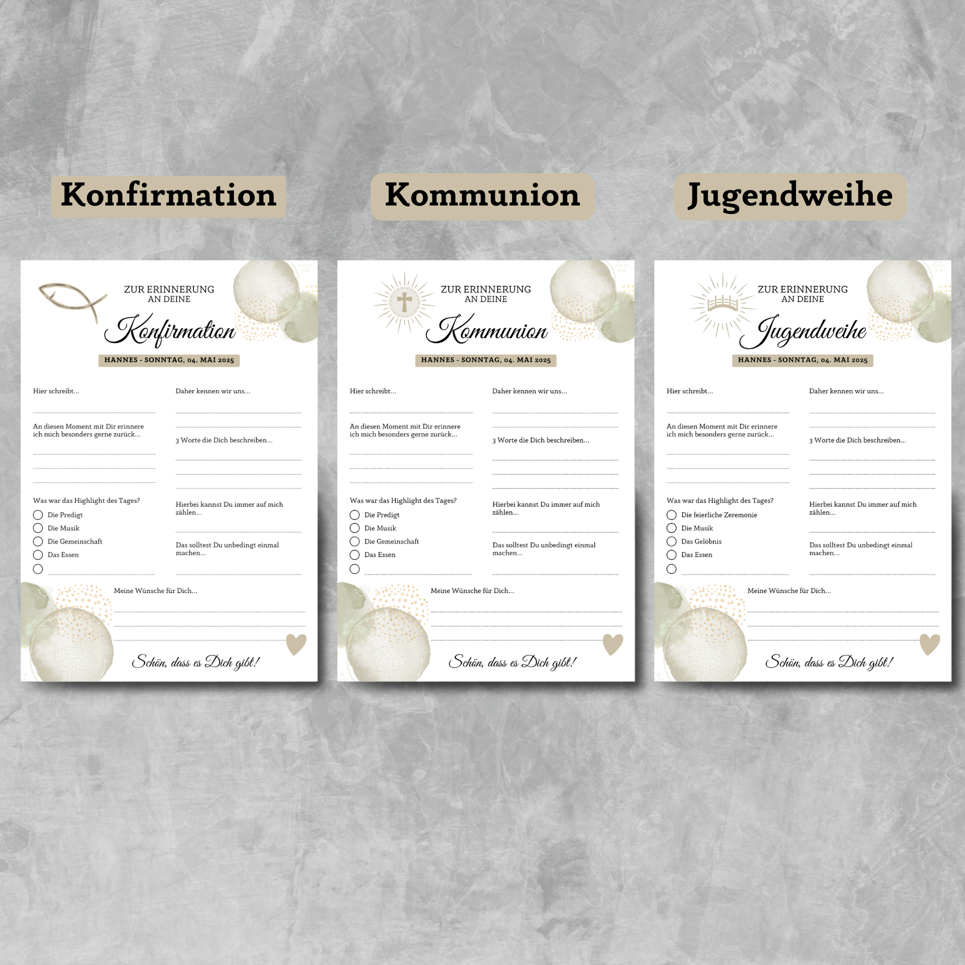 Gästebuchkarten beige für die Konfirmation, Kommunion oder Jugendweihe als Andenken / Erinnerungen - A5 - MundS Design Shop