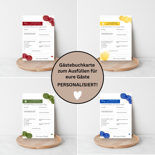 Personalisierte Gästebuchkarten zur Konfirmation, Kommunion, Firmung, Jugendweihe oder Taufe - verschiedene Farben