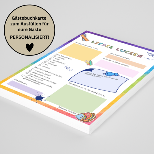 Personalisierte Gästebuchkarte Einschulung • Buntes Erinnerungsblatt für Schulanfang • Geschenk Kinder zur Einschulungsfeier • Andenken - MundS Design Shop