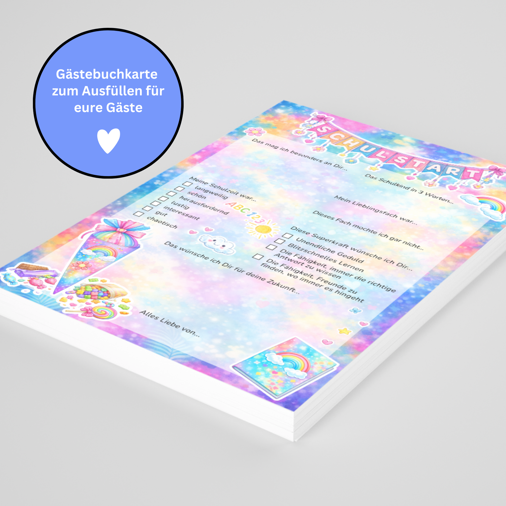 Regenbogen Gästebuchkarten zur Einschulung – Schulstart A5 | 10–30 Stück | 200g oder 300g Papier - MundS Design Shop