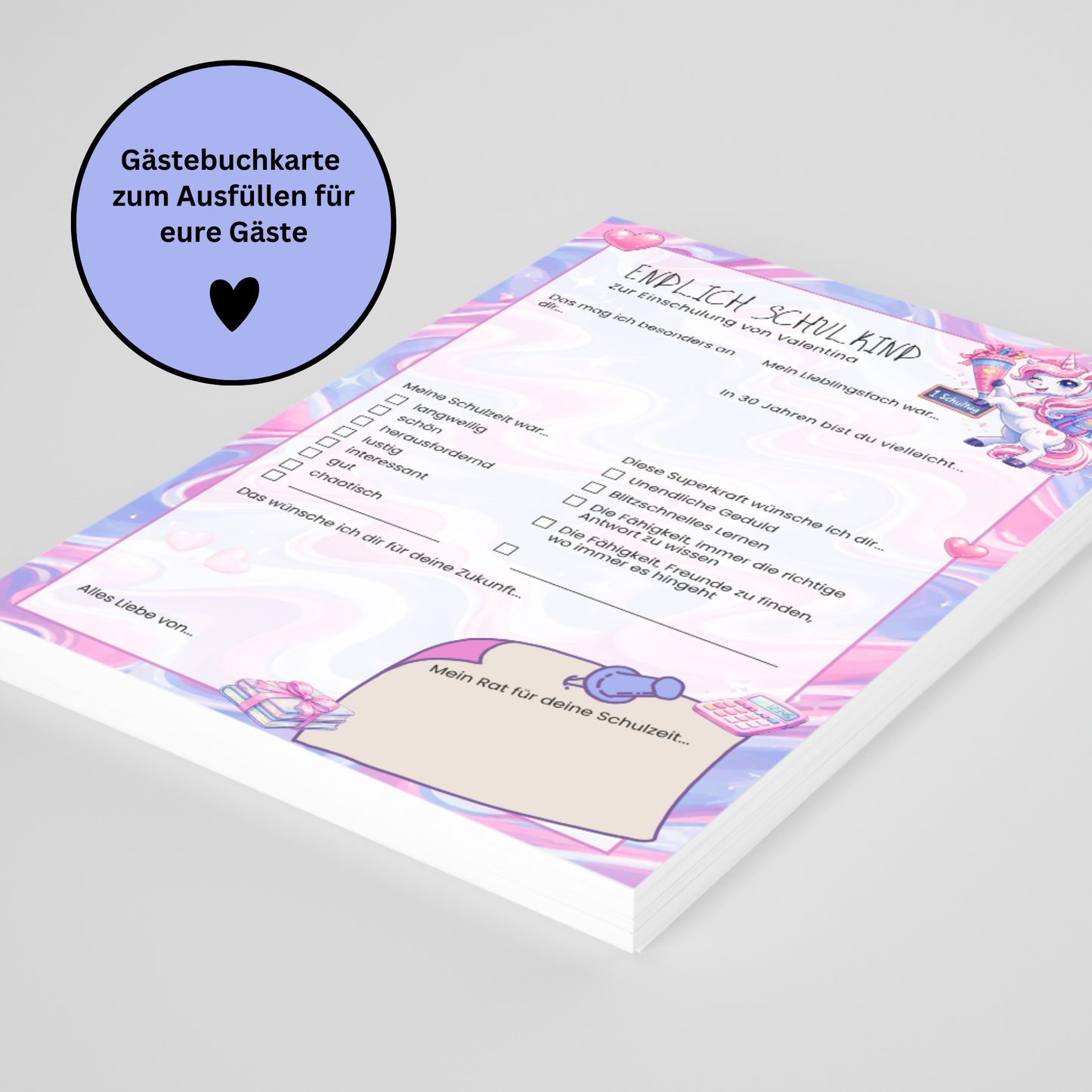 Personalisierte Gästebuchkarten zur Einschulung mit Einhorn | A5 Schulanfang Karten | 10–30 Stück | 200g oder 300g Papier - MundS Design Shop