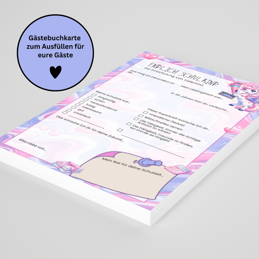 Personalisierte Gästebuchkarten zur Einschulung mit Einhorn | A5 Schulanfang Karten | 10–30 Stück | 200g oder 300g Papier - MundS Design Shop