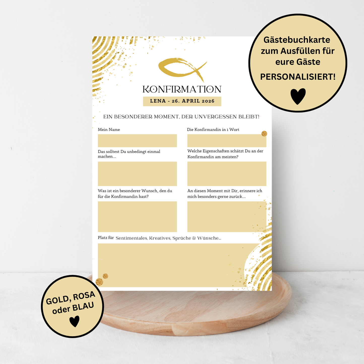 Gästebuchkarten A5 personalisiert – Konfirmation, Kommunion & Jugendweihe, Gold, Blau oder Rosa