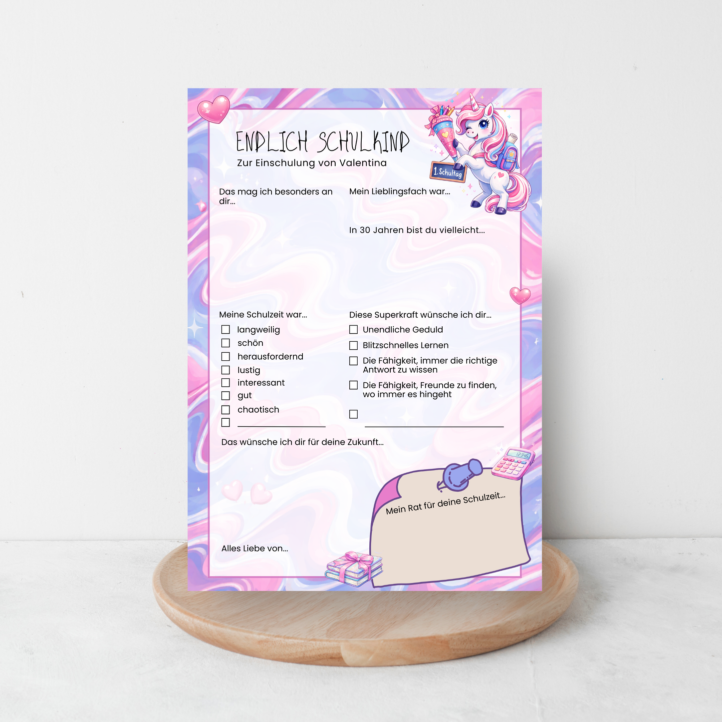Personalisierte Gästebuchkarten zur Einschulung mit Einhorn | A5 Schulanfang Karten | 10–30 Stück | 200g oder 300g Papier - MundS Design Shop