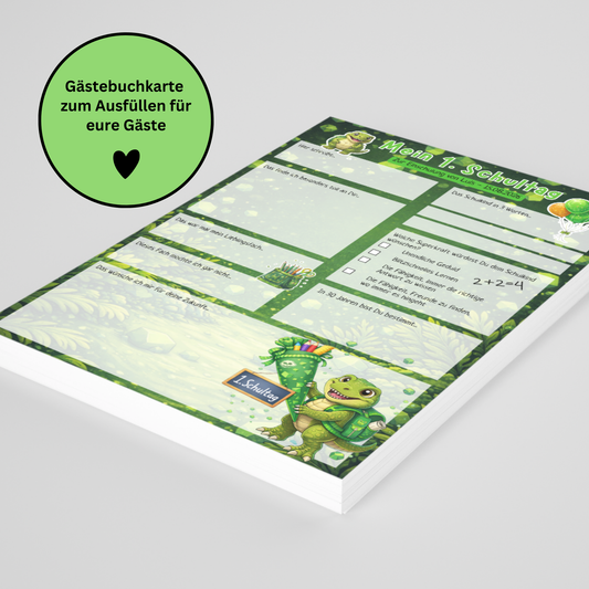 Personalisierte Dino Gästebuchkarten zur Einschulung mit Name & Datum – A5 Schulanfang Junge | 10–30 Stück | 200g oder 300g - MundS Design Shop