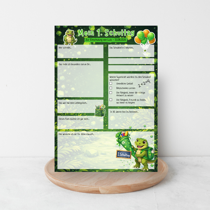 Personalisierte Dino Gästebuchkarten zur Einschulung mit Name & Datum – A5 Schulanfang Junge | 10–30 Stück | 200g oder 300g - MundS Design Shop