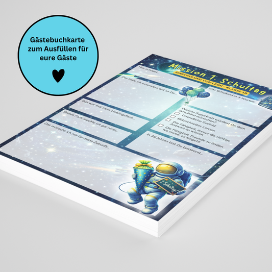 Personalisierte Weltraum Gästebuchkarten zur Einschulung mit Name & Klasse – Mission 1. Schultag A5 | 10–30 Stück - MundS Design Shop