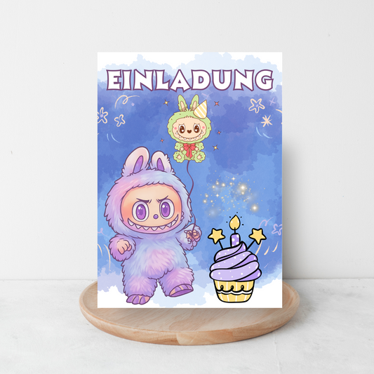 Einladungskarten Kindergeburtstag Labubu Design A5 | süße beidseitig bedruckte Karten auf 300g Papier | Party Einladungen Kinder - MundS Design Shop