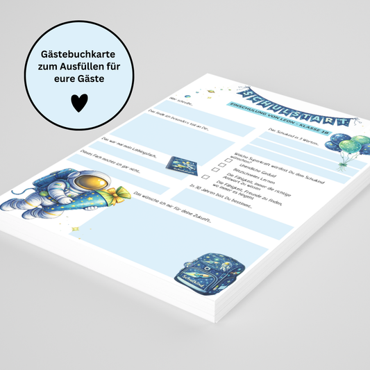 Personalisierte Schulstart Gästebuchkarten zur Einschulung mit Name & Klasse – Weltraum Astronaut A5 | 10–30 Stück - MundS Design Shop