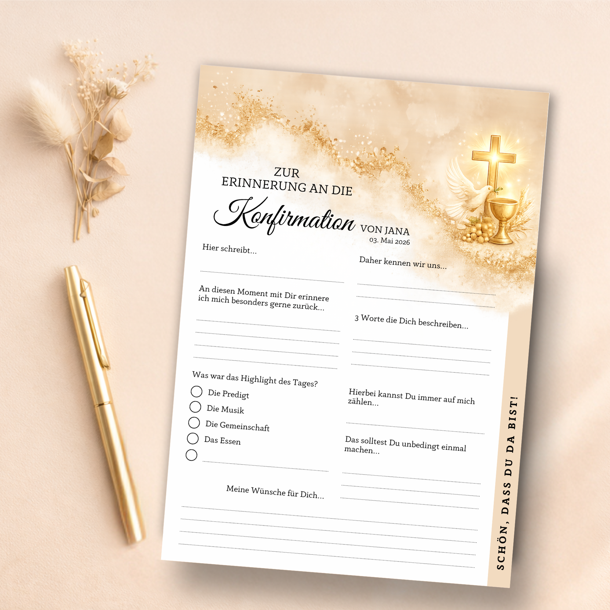Personalisierte Gästebuchkarten in Beige-Gold zur Konfirmation, Kommunion & Jugendweihe – A5 Erinnerungskarten - MundS Design Shop