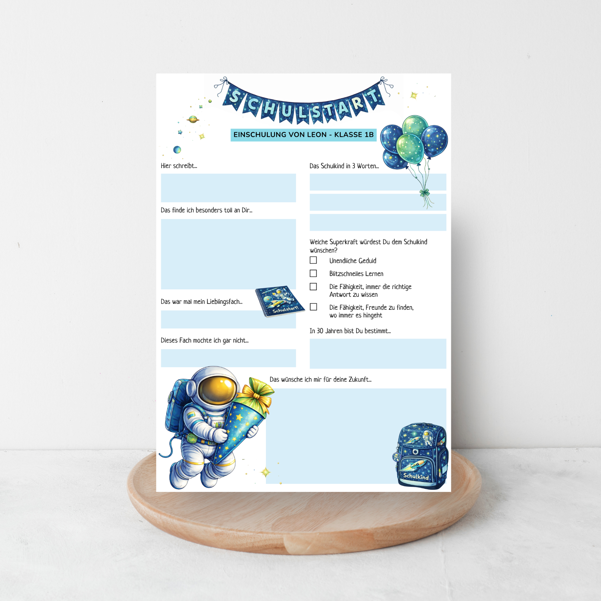 Personalisierte Schulstart Gästebuchkarten zur Einschulung mit Name & Klasse – Weltraum Astronaut A5 | 10–30 Stück - MundS Design Shop
