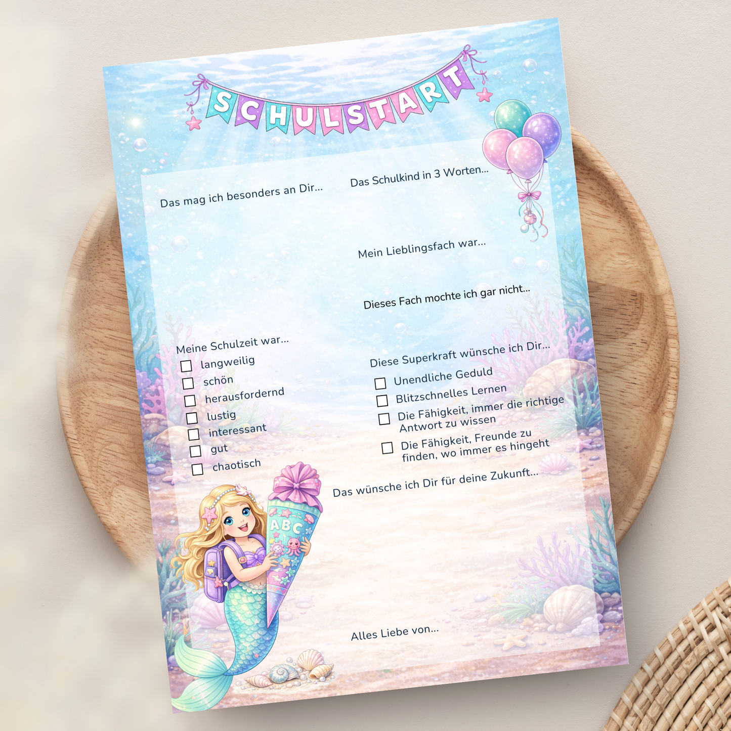 Meerjungfrau Gästebuchkarten zur Einschulung – Schulstart A5 | Haarfarbe wählbar | 10–30 Stück | 200g oder 300g - MundS Design Shop