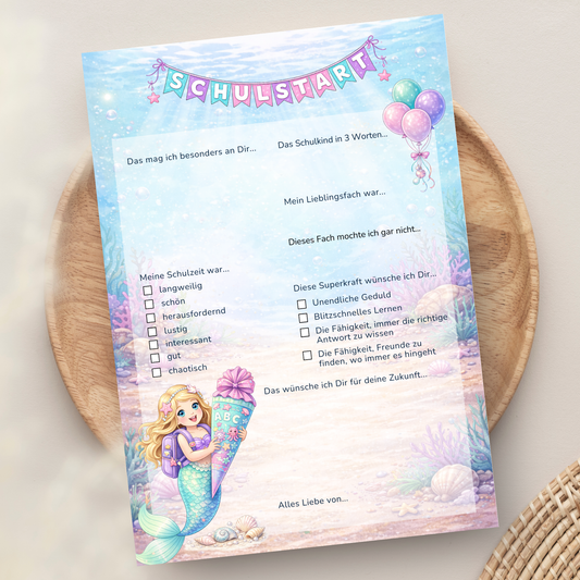 Meerjungfrau Gästebuchkarten zur Einschulung – Schulstart A5 | Haarfarbe wählbar | 10–30 Stück | 200g oder 300g - MundS Design Shop