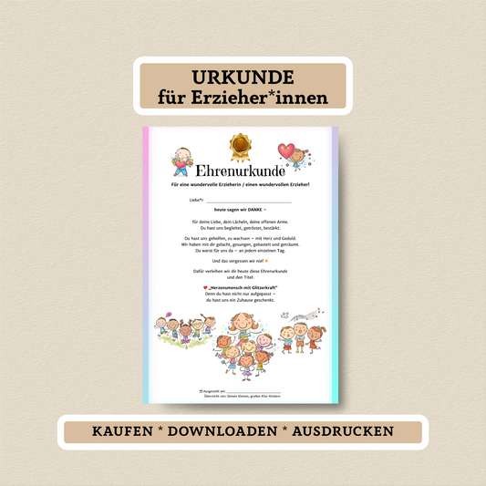 Ehrenurkunde für Erzieher*innen – PDF zum Sofort-Download - MundS Design Shop