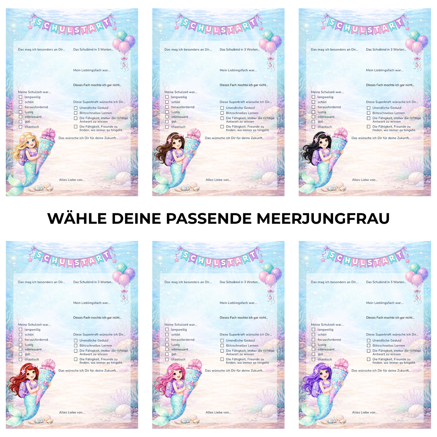 Meerjungfrau Gästebuchkarten zur Einschulung – Schulstart A5 | Haarfarbe wählbar | 10–30 Stück | 200g oder 300g - MundS Design Shop