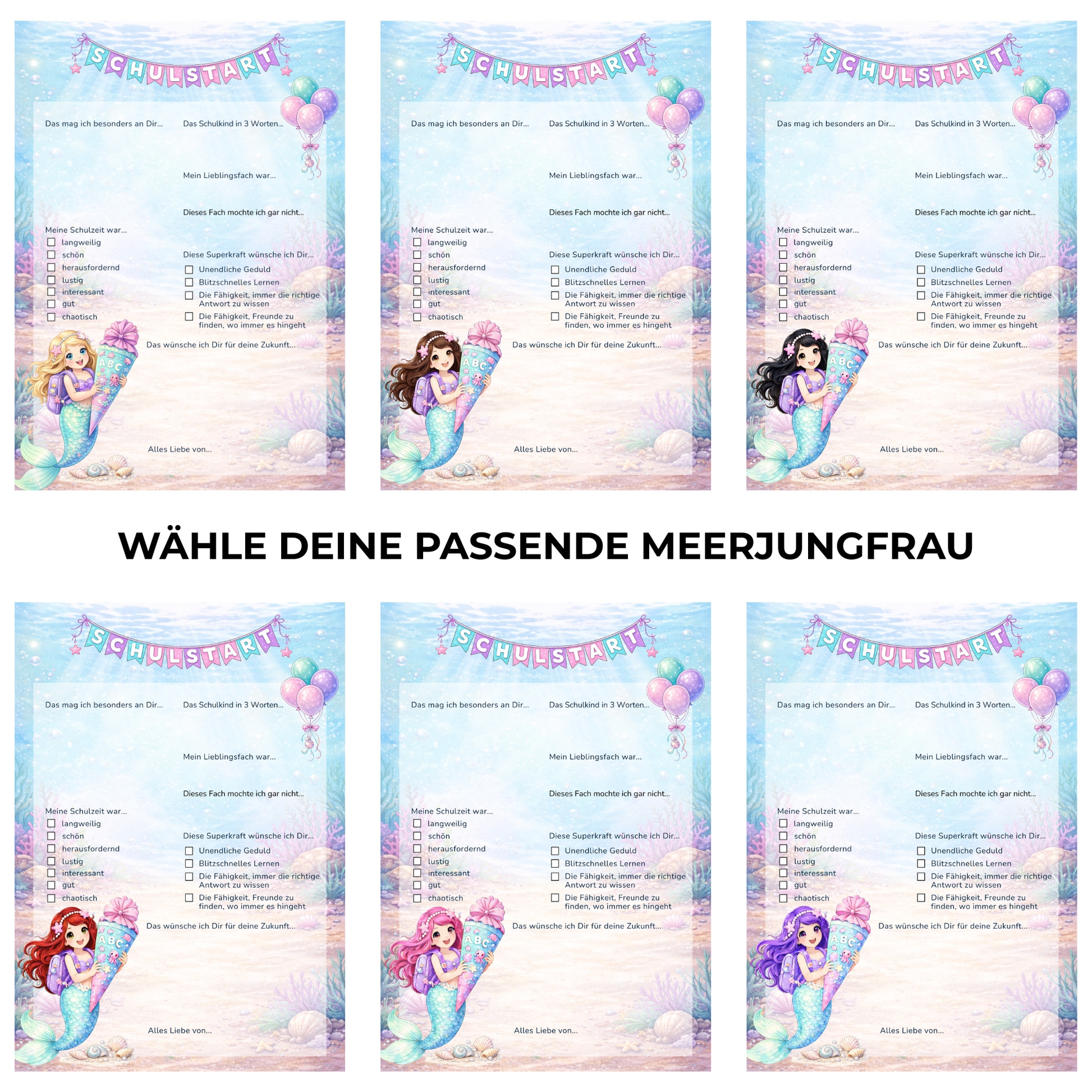Meerjungfrau Gästebuchkarten zur Einschulung – Schulstart A5 | Haarfarbe wählbar | 10–30 Stück | 200g oder 300g - MundS Design Shop