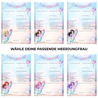 Meerjungfrau Gästebuchkarten zur Einschulung – Schulstart A5 | Haarfarbe wählbar | 10–30 Stück | 200g oder 300g - MundS Design Shop