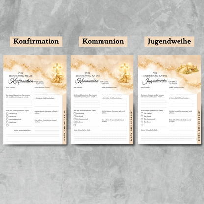 Personalisierte Gästebuchkarten in Beige-Gold zur Konfirmation, Kommunion & Jugendweihe – A5 Erinnerungskarten - MundS Design Shop