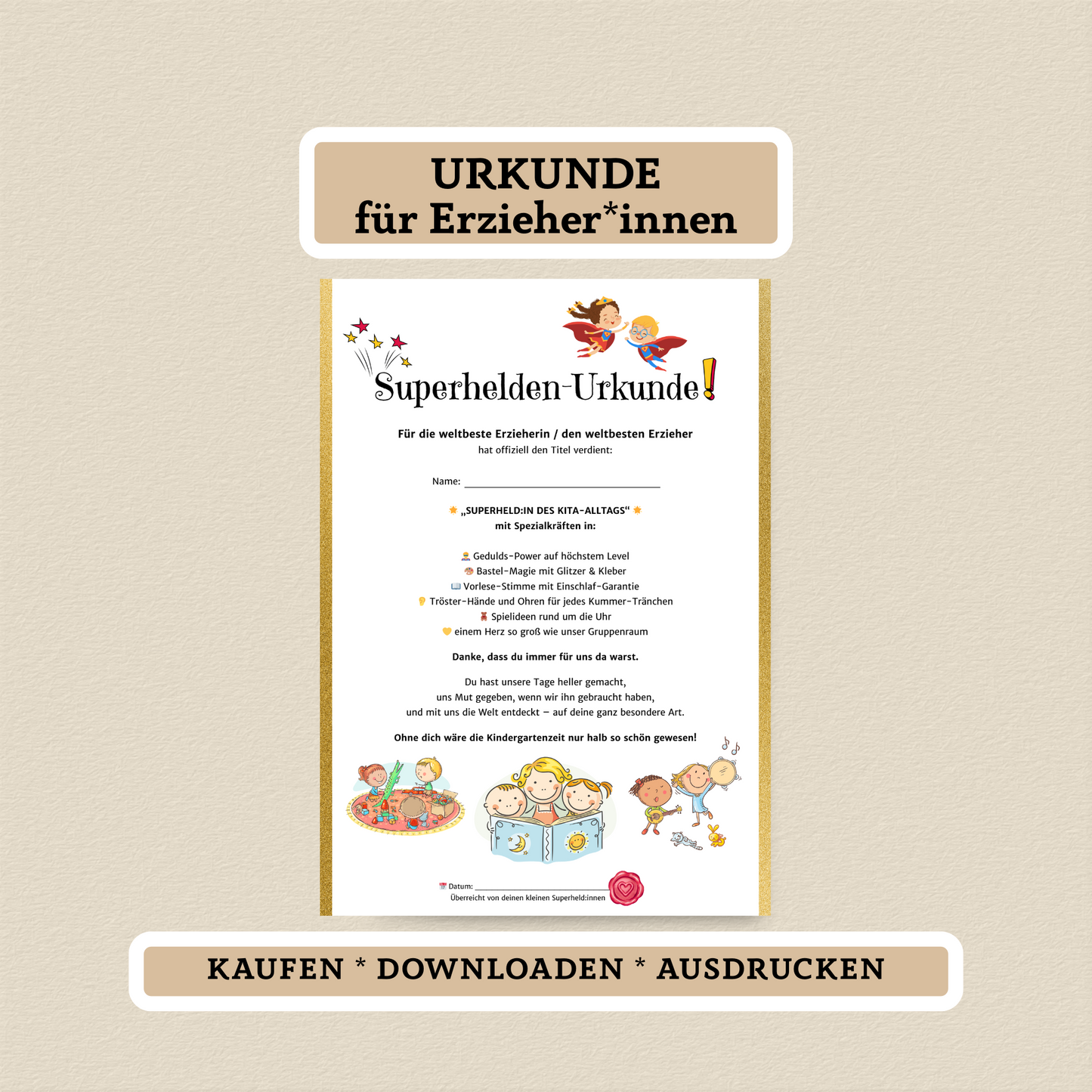 Superhelden-Urkunde für Erzieher*innen – PDF zum Sofort-Download - MundS Design Shop