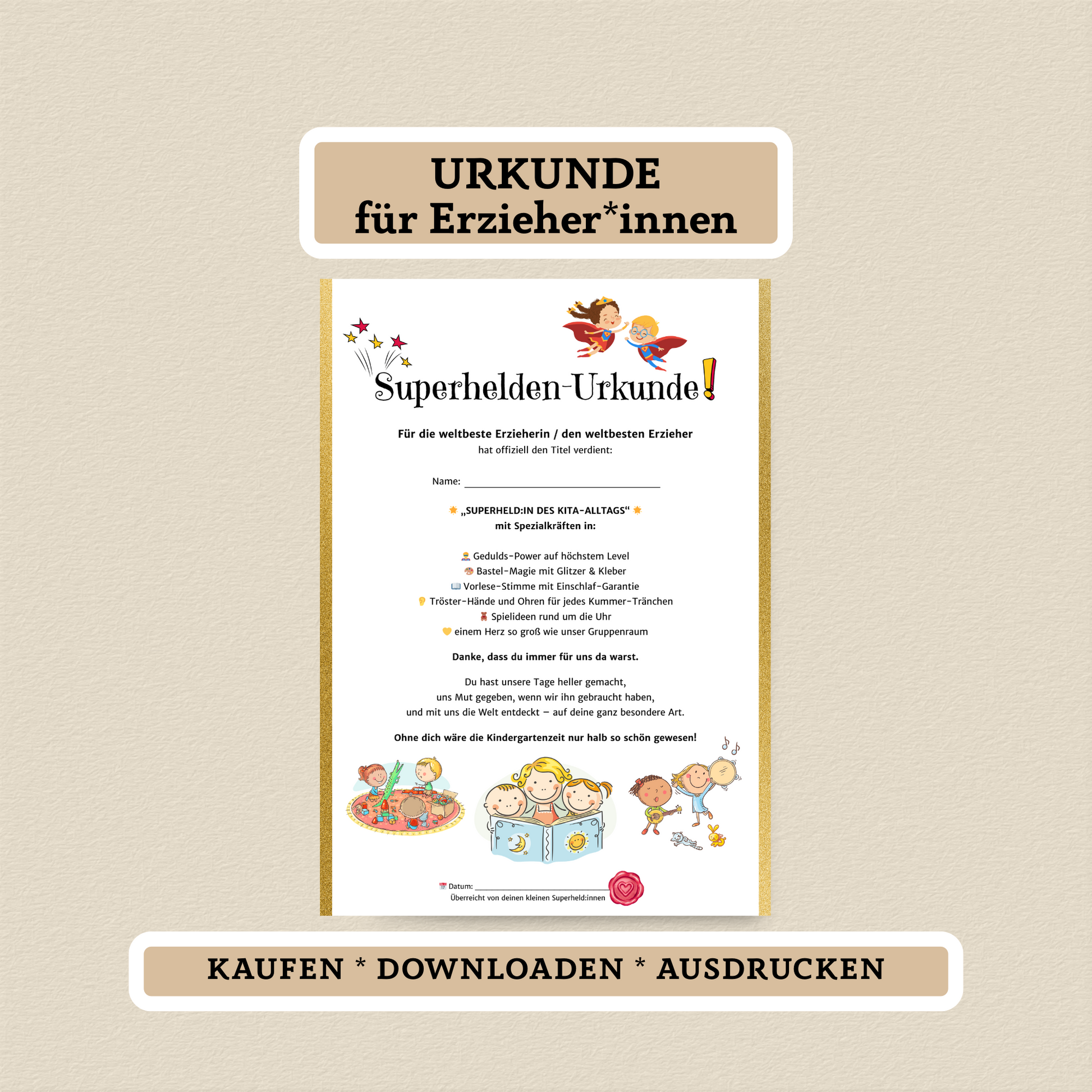 Superhelden-Urkunde für Erzieher*innen – PDF zum Sofort-Download - MundS Design Shop