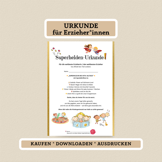 Superhelden-Urkunde für Erzieher*innen – PDF zum Sofort-Download - MundS Design Shop