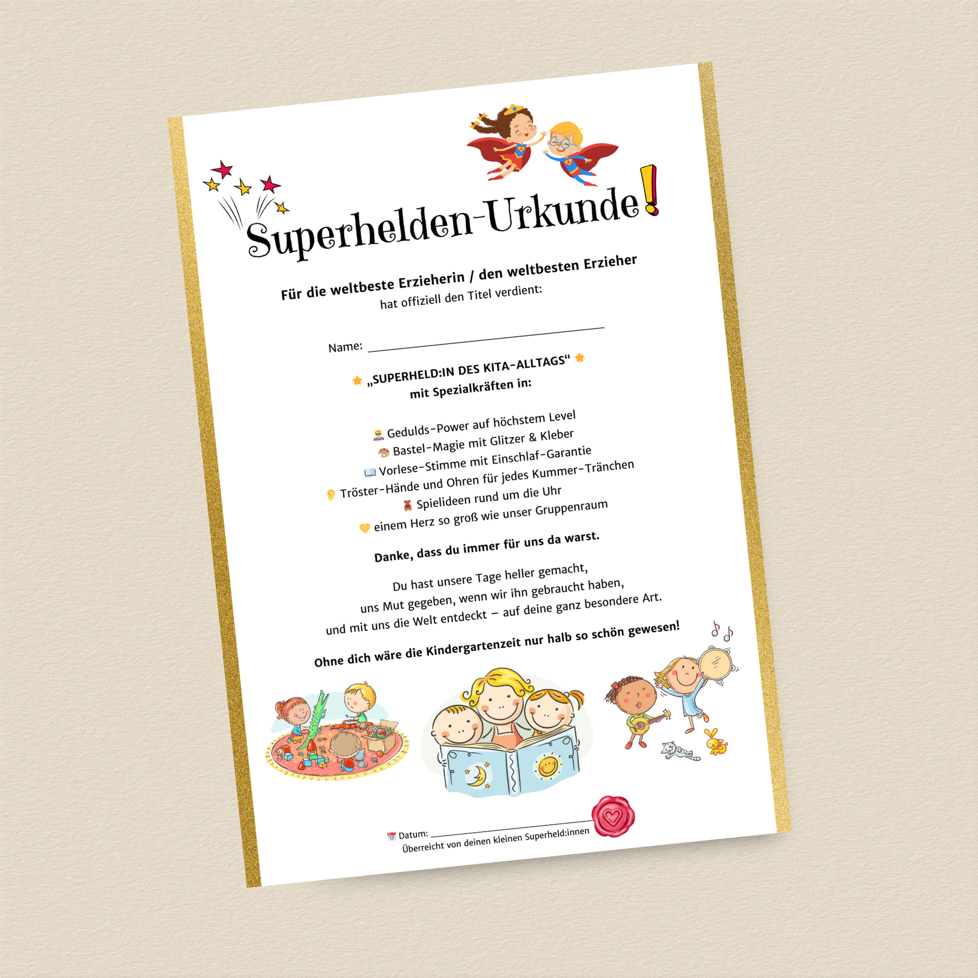 Superhelden-Urkunde für Erzieher*innen – PDF zum Sofort-Download - MundS Design Shop