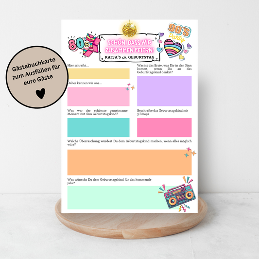 Gästebuchkarten 80s & 90s für den Geburtstag mit Fragen zum Ausfüllen / Partyspiel / Erinnerungen - MundS Design Shop