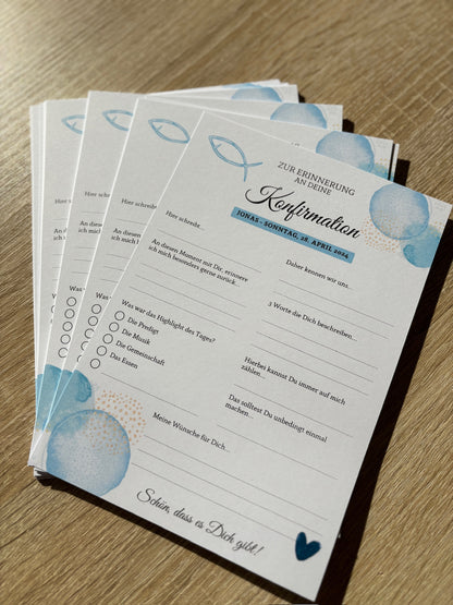 Gästebuchkarten blau für die Konfirmation, Kommunion oder Jugendweihe als Andenken / Erinnerungen - A5 - MundS Design Shop