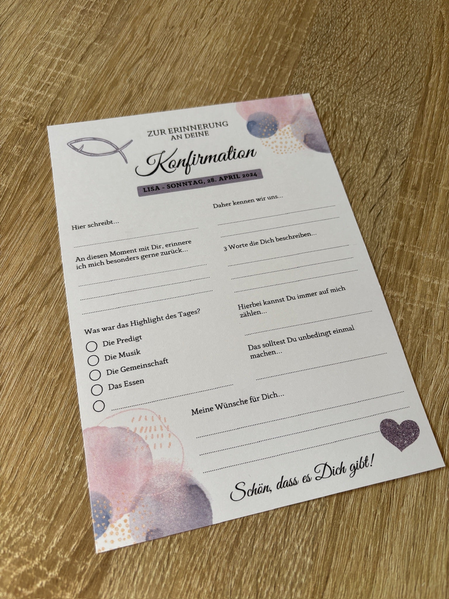 Gästebuchkarten lila für die Konfirmation, Kommunion oder Jugendweihe als Andenken / Erinnerungen - A5 - MundS Design Shop