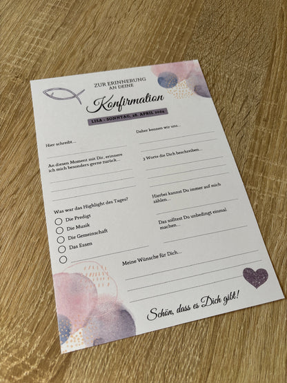 Gästebuchkarten lila für die Konfirmation, Kommunion oder Jugendweihe als Andenken / Erinnerungen - A5 - MundS Design Shop