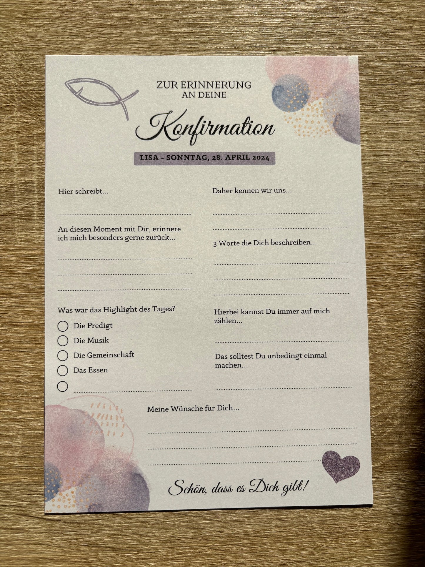 Gästebuchkarten lila für die Konfirmation, Kommunion oder Jugendweihe als Andenken / Erinnerungen - A5 - MundS Design Shop