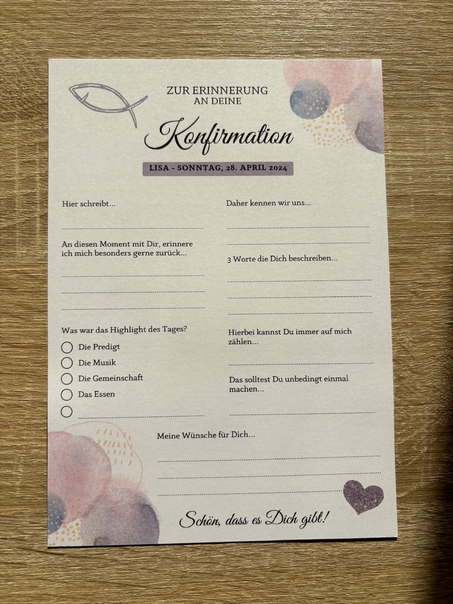 Gästebuchkarten lila für die Konfirmation, Kommunion oder Jugendweihe als Andenken / Erinnerungen - A5 - MundS Design Shop