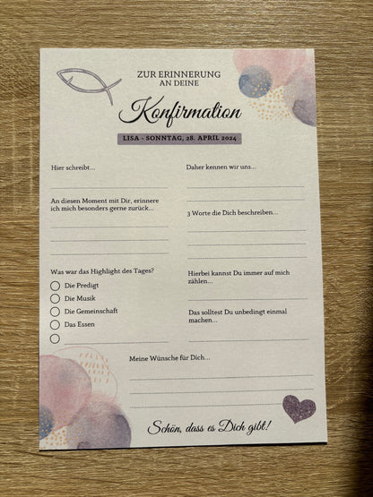 Gästebuchkarten lila für die Konfirmation, Kommunion oder Jugendweihe als Andenken / Erinnerungen - A5 - MundS Design Shop