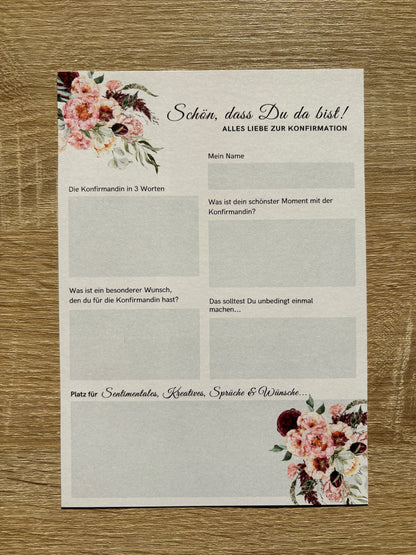 Gästebuchkarten Blumen-Stil für die Konfirmation, Kommunion oder Jugendweihe als Andenken / Erinnerungen - A5 - MundS Design Shop