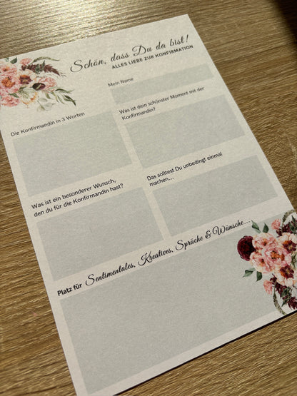 Gästebuchkarten Blumen-Stil für die Konfirmation, Kommunion oder Jugendweihe als Andenken / Erinnerungen - A5 - MundS Design Shop