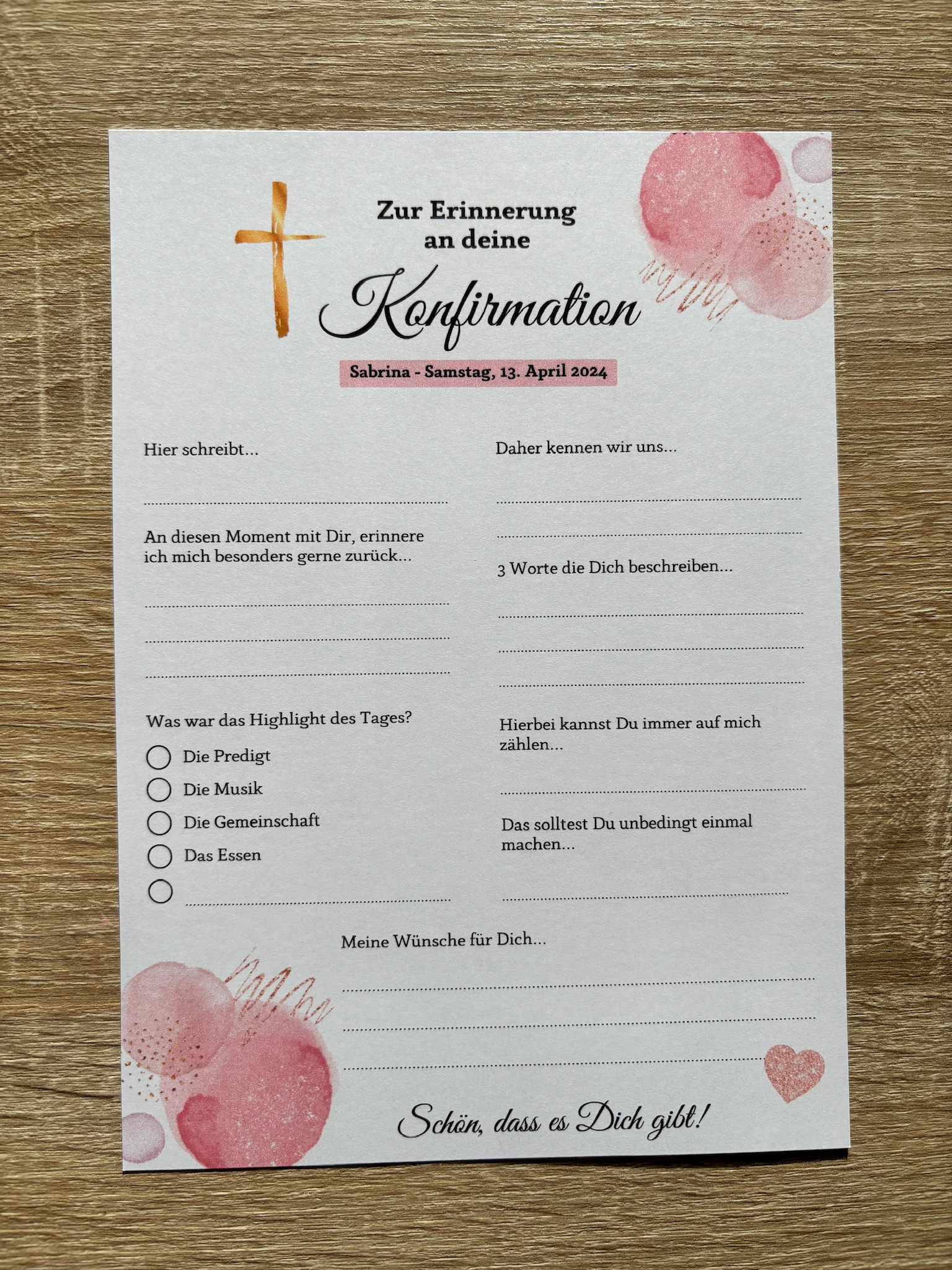 Gästebuchkarten rosa für die Konfirmation, Kommunion oder Jugendweihe als Andenken / Erinnerungen - A5 - MundS Design Shop