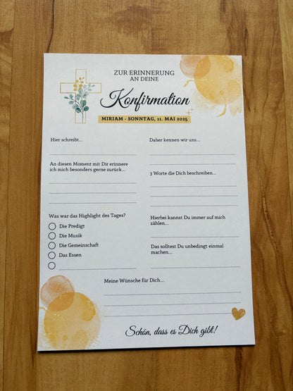 Gästebuchkarten gold/gelb für die Konfirmation, Kommunion oder Jugendweihe als Andenken / Erinnerungen - A5 - MundS Design Shop