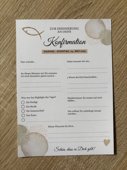 Gästebuchkarten beige für die Konfirmation, Kommunion oder Jugendweihe als Andenken / Erinnerungen - A5 - MundS Design Shop