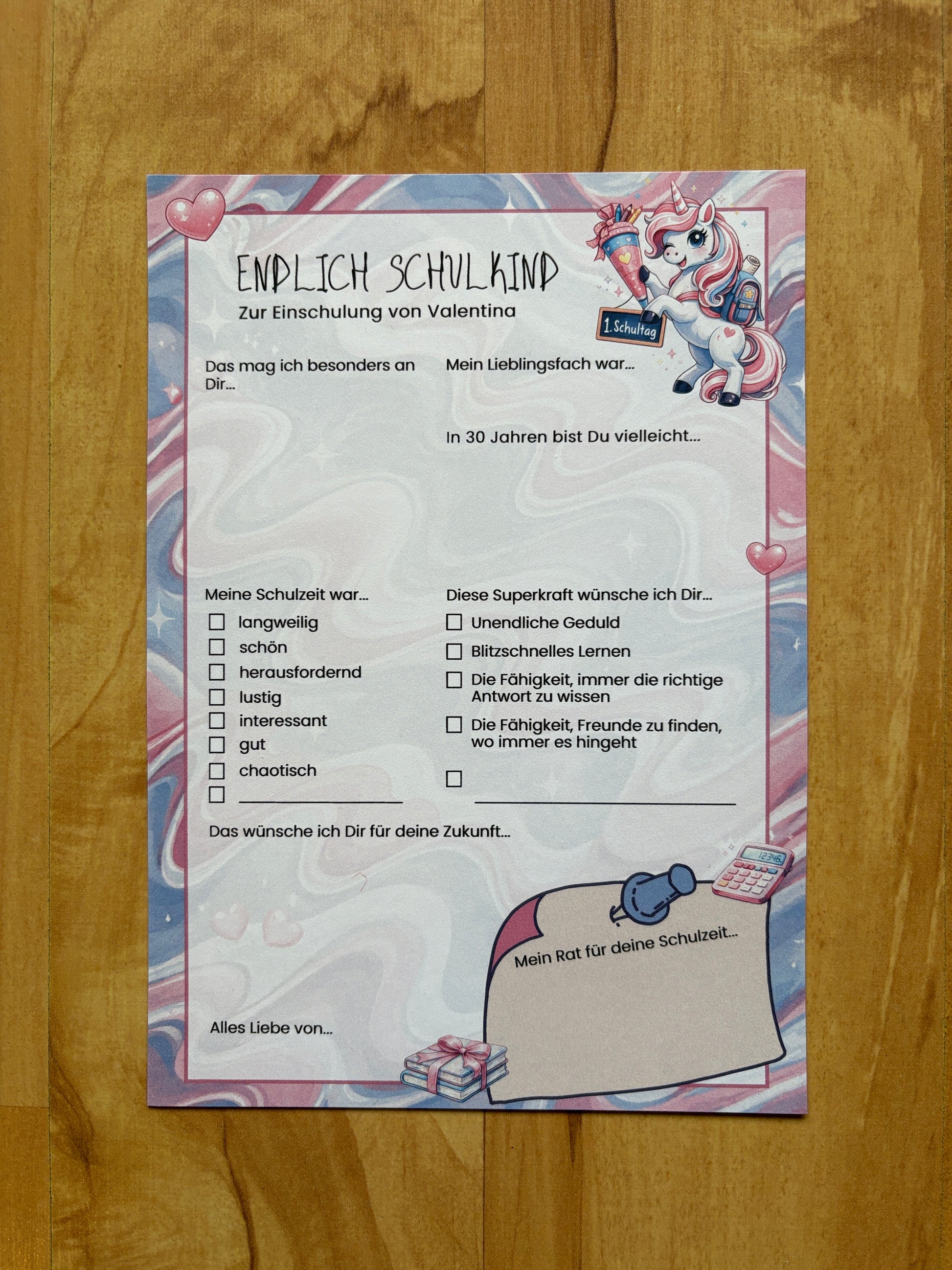 Personalisierte Gästebuchkarten zur Einschulung mit Einhorn | A5 Schulanfang Karten | 10–30 Stück | 200g oder 300g Papier - MundS Design Shop