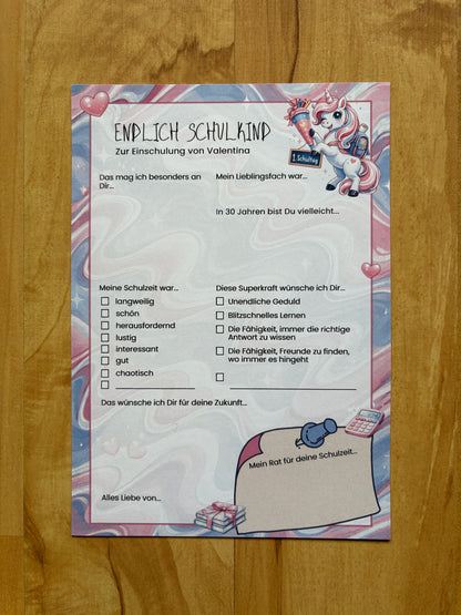 Personalisierte Gästebuchkarten zur Einschulung mit Einhorn | A5 Schulanfang Karten | 10–30 Stück | 200g oder 300g Papier - MundS Design Shop