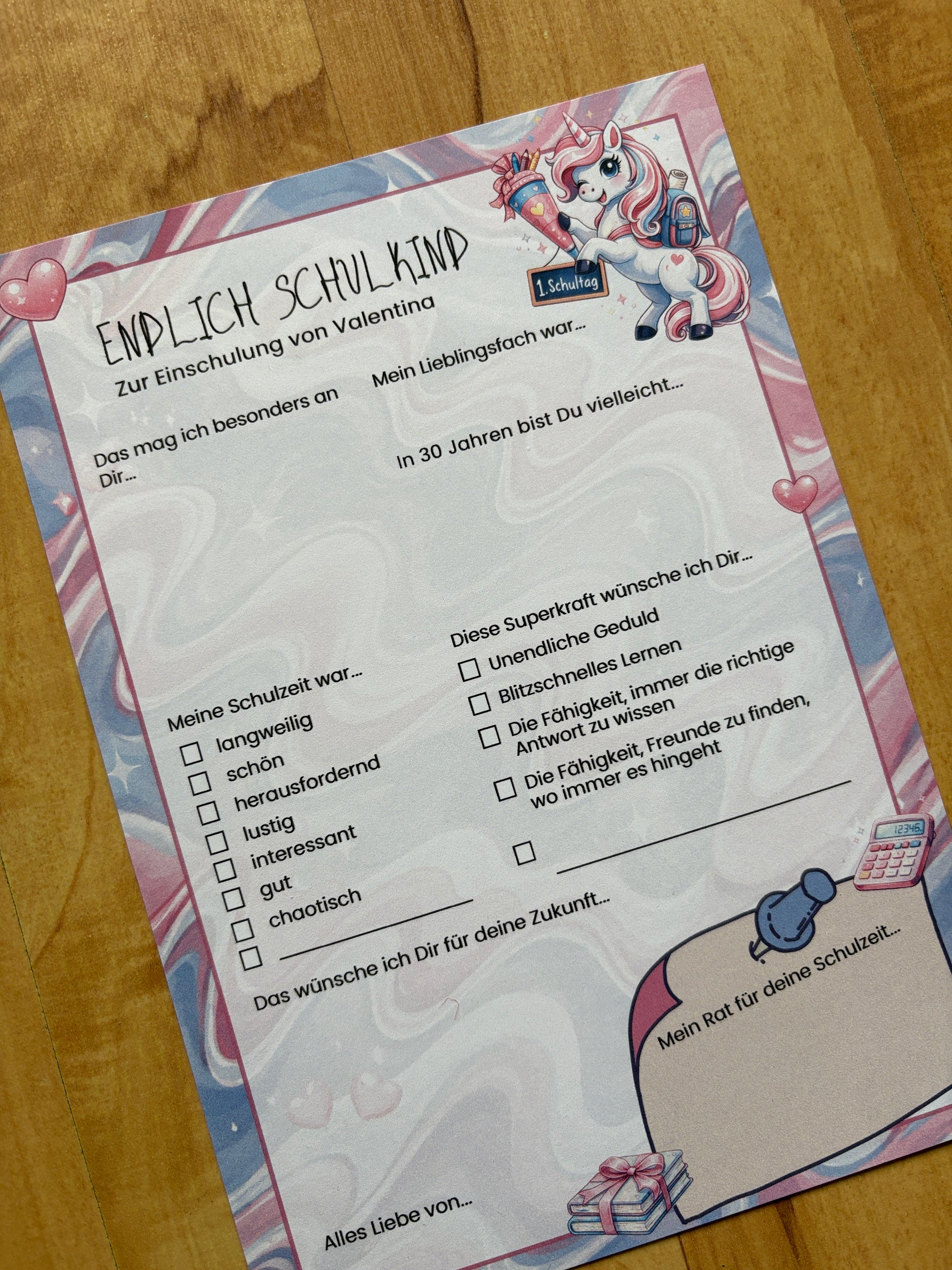 Personalisierte Gästebuchkarten zur Einschulung mit Einhorn | A5 Schulanfang Karten | 10–30 Stück | 200g oder 300g Papier - MundS Design Shop