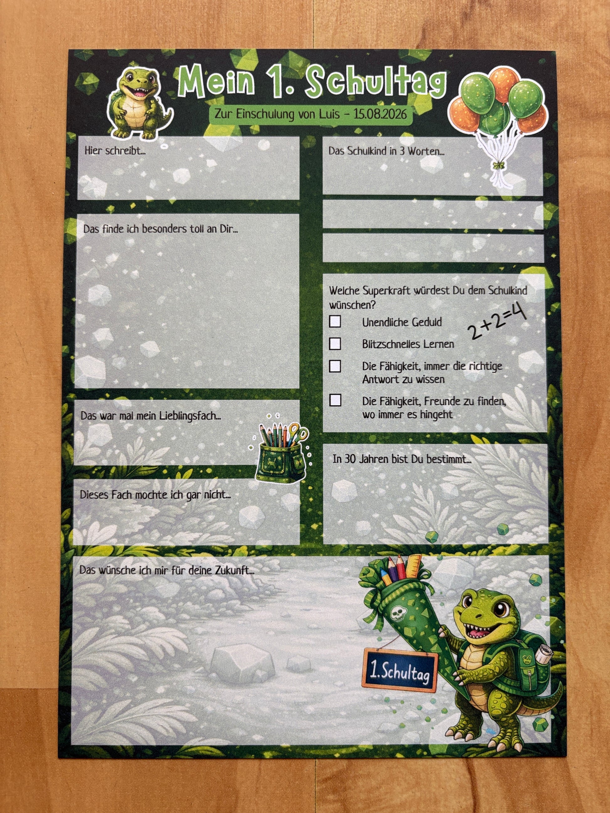 Personalisierte Dino Gästebuchkarten zur Einschulung mit Name & Datum – A5 Schulanfang Junge | 10–30 Stück | 200g oder 300g - MundS Design Shop